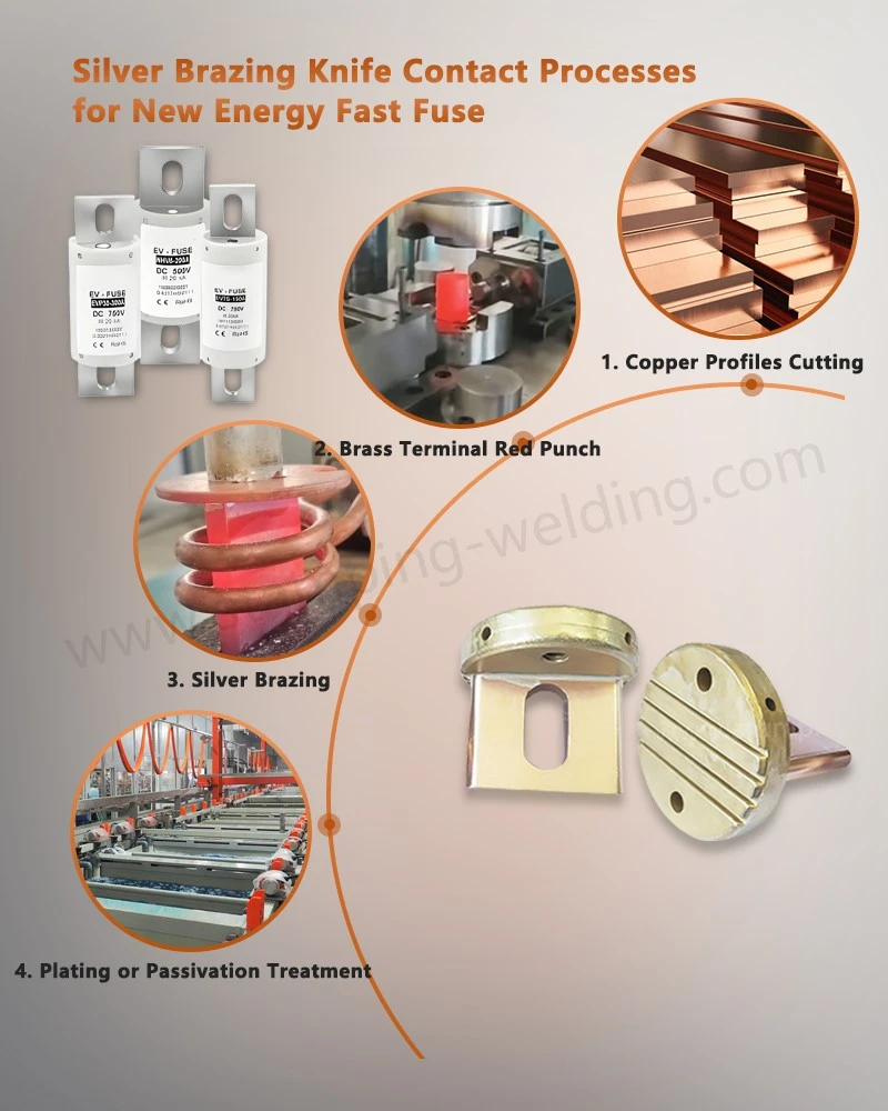 Vacuum and induction silver brazing of copper NH fuse knife contacts for industrial fuse assemblies. Vacuum and induction silver brazing of copper NH fuse knife contacts for industrial fuse assemblies.